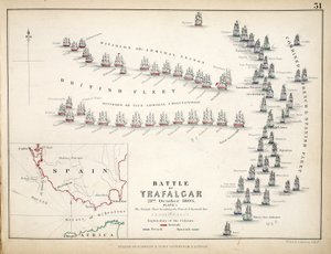 Mapa bitvy u Trafalgaru, kterou vydal William Blackwood and Sons, Edinburgh und London, 1848 (ručně kolorovaná rytina)